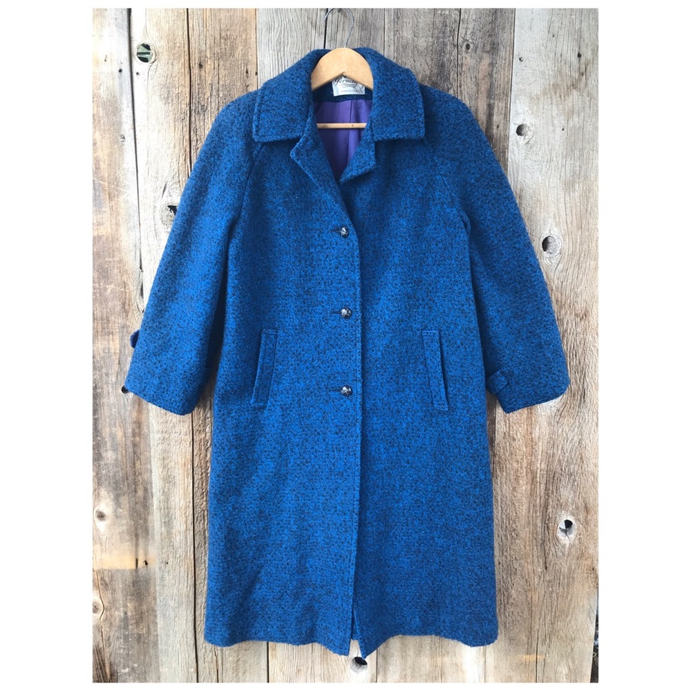 SOLD! VTG 70s Ferncroft 100% Wool Mottled Blue Overcoat, 11/12P, Union Made - Picture 1 of 9